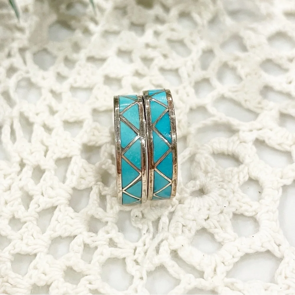 Vintage CH Zuni Earrings Turquoise Sterling Silver Hoop Geometric New Mexico
